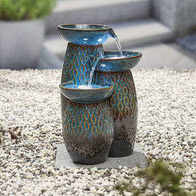 set of 3 blue water features with water trickling through