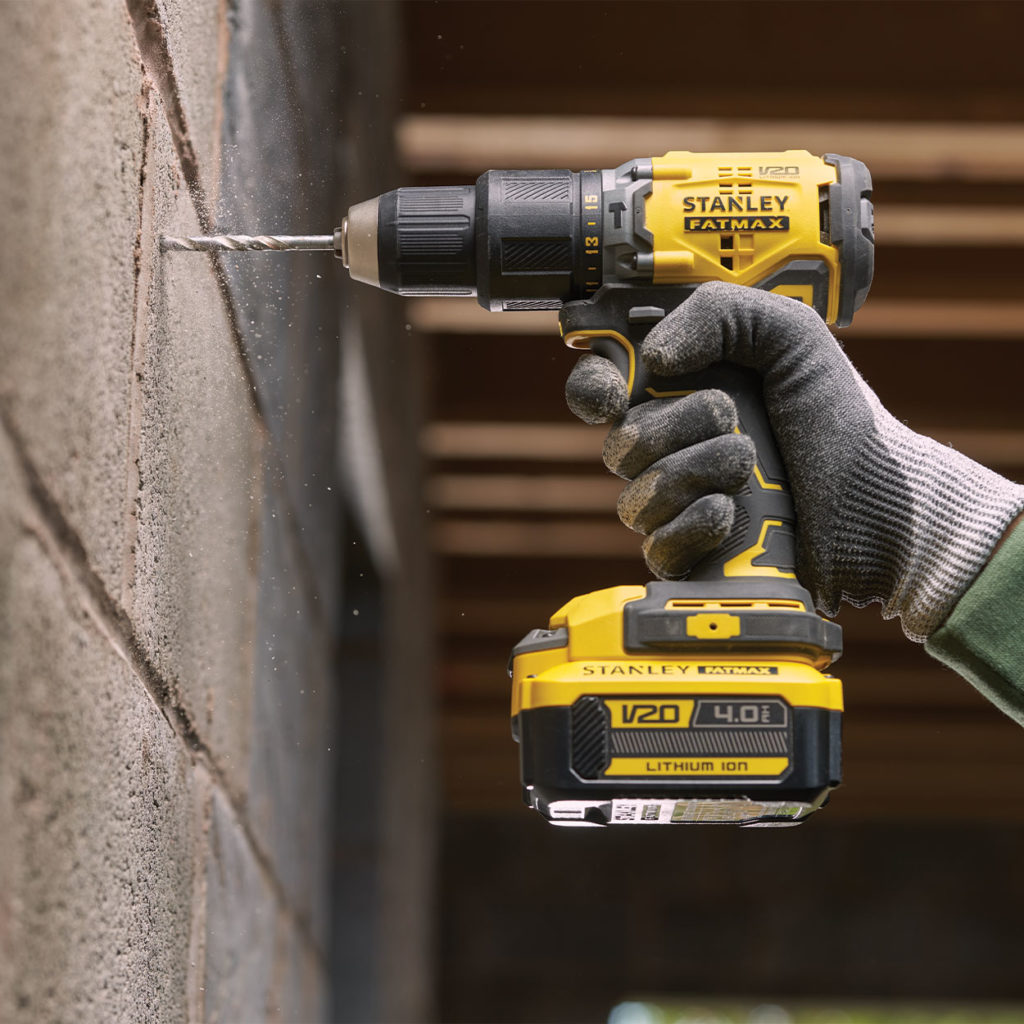 Power drill - Stanley Fatmax V20 18V Brushless Hammer Drill in action