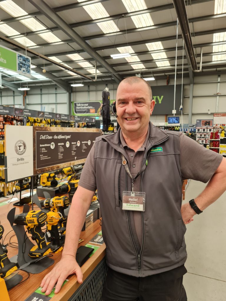 In store expert Edward O'Connor, beside the power tool section