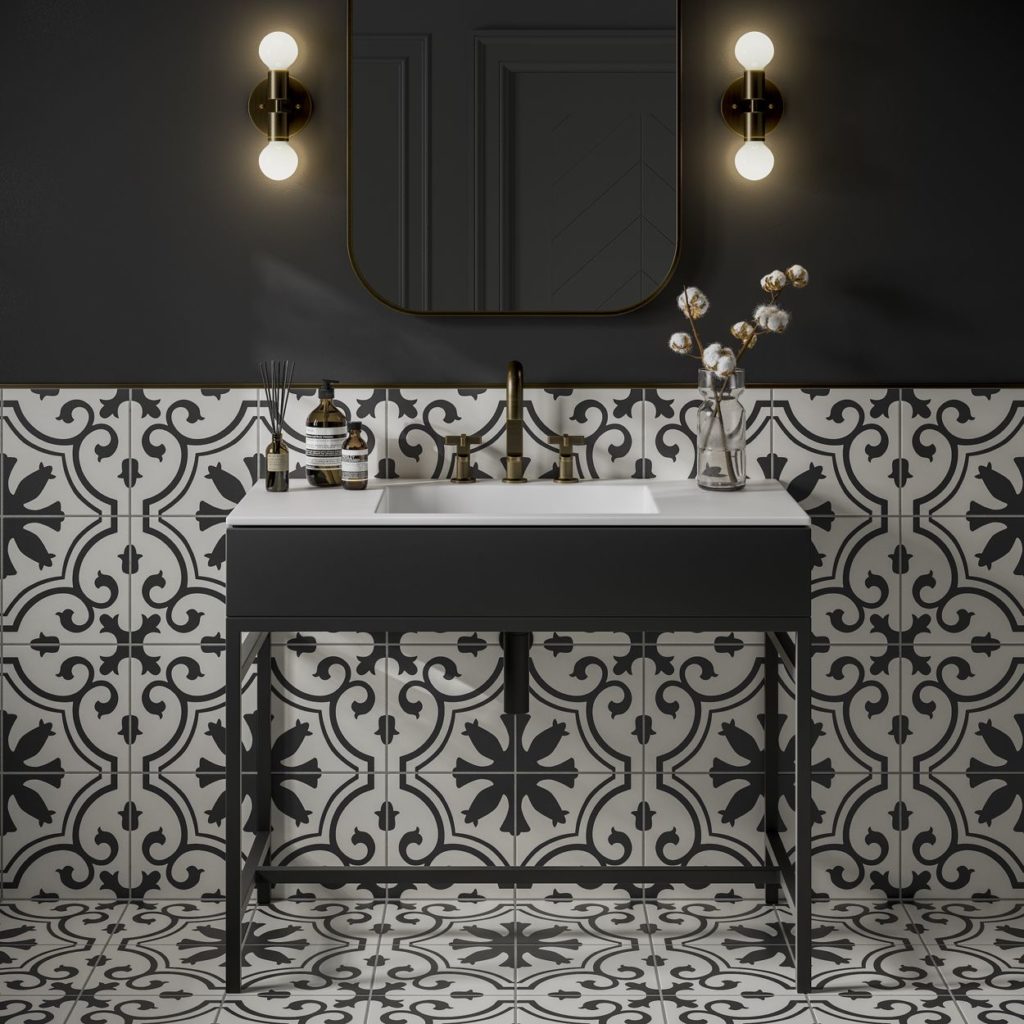 black bathroom with white and black pattern tiles