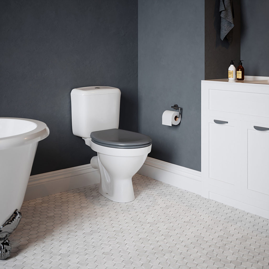 grey ensuite with white toilet &amp; grey toilet seat