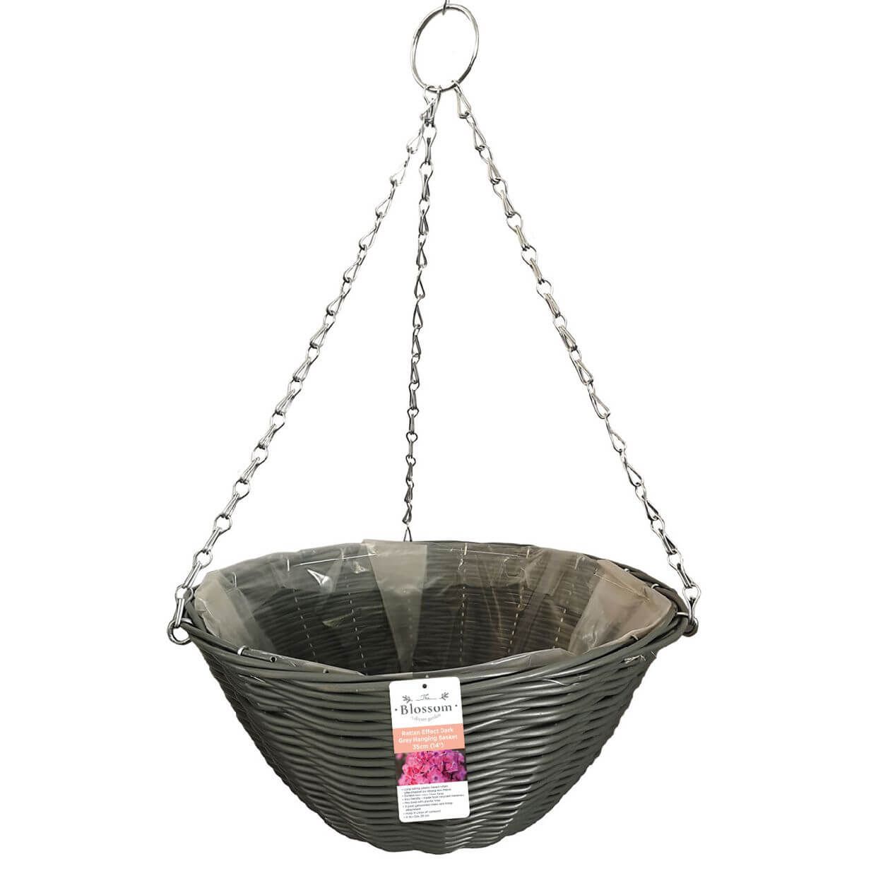 Rattan Effect Dark Grey Hanging Basket 14"