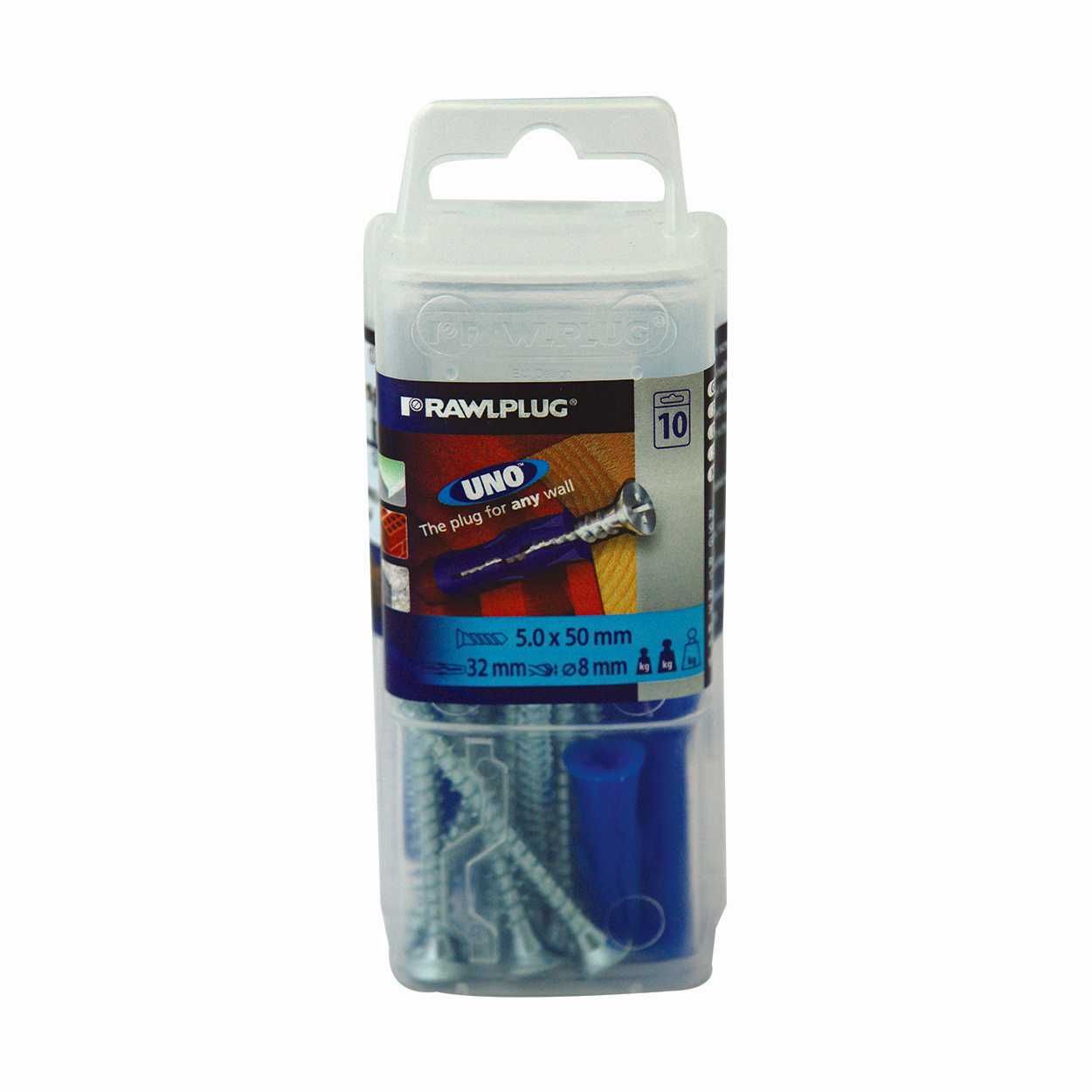Rawlplug 8mm Universal Uno Blue Plugs with Screw pack of 10