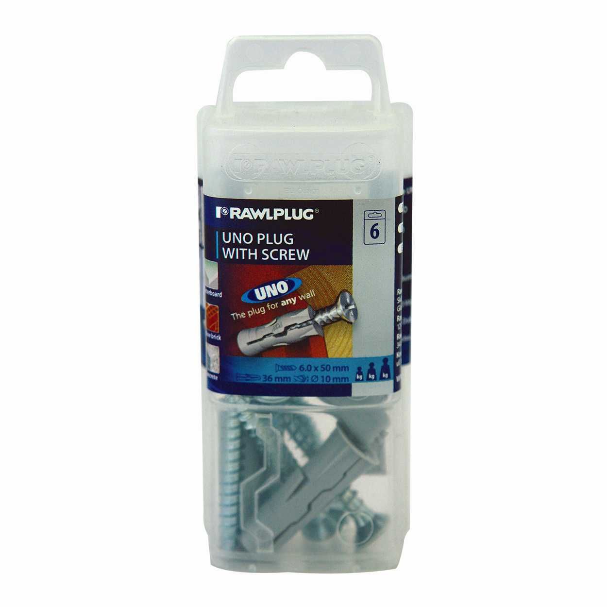 Rawlplug 10mm Universal Uno Grey Plugs with Screws pack of 6