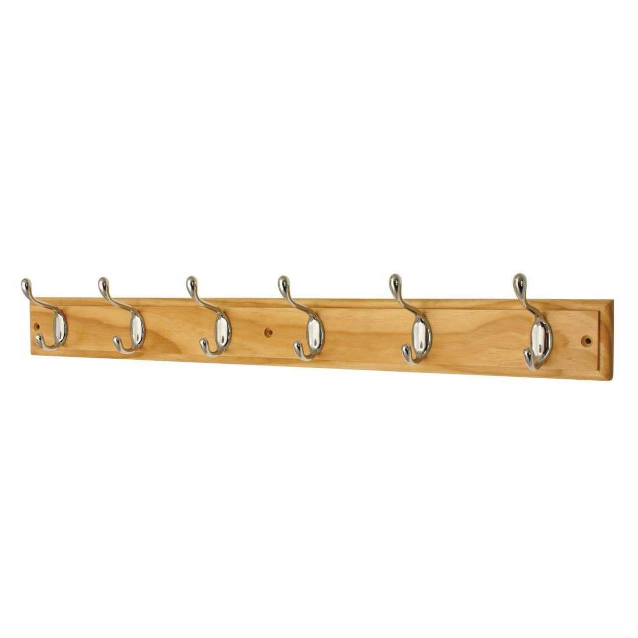 6 Heavy Duty Hat & Coat Hooks Polished Chrome on Pine Board FSC