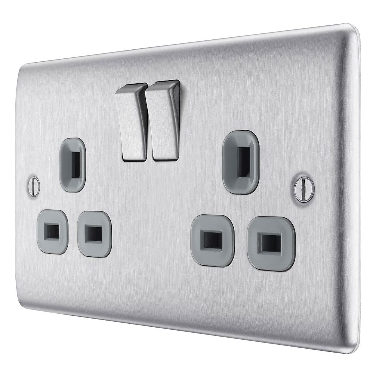 BG Brushed Steel Socket - 13A 2 Gang Double Pole
