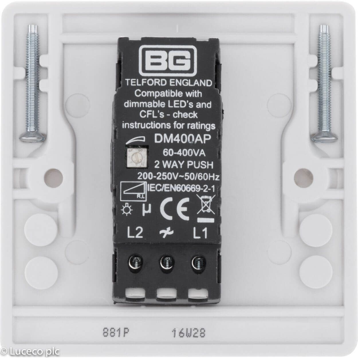 BG White Moulded Dimmer Switch - 400W 1 Gang 2 Way Push