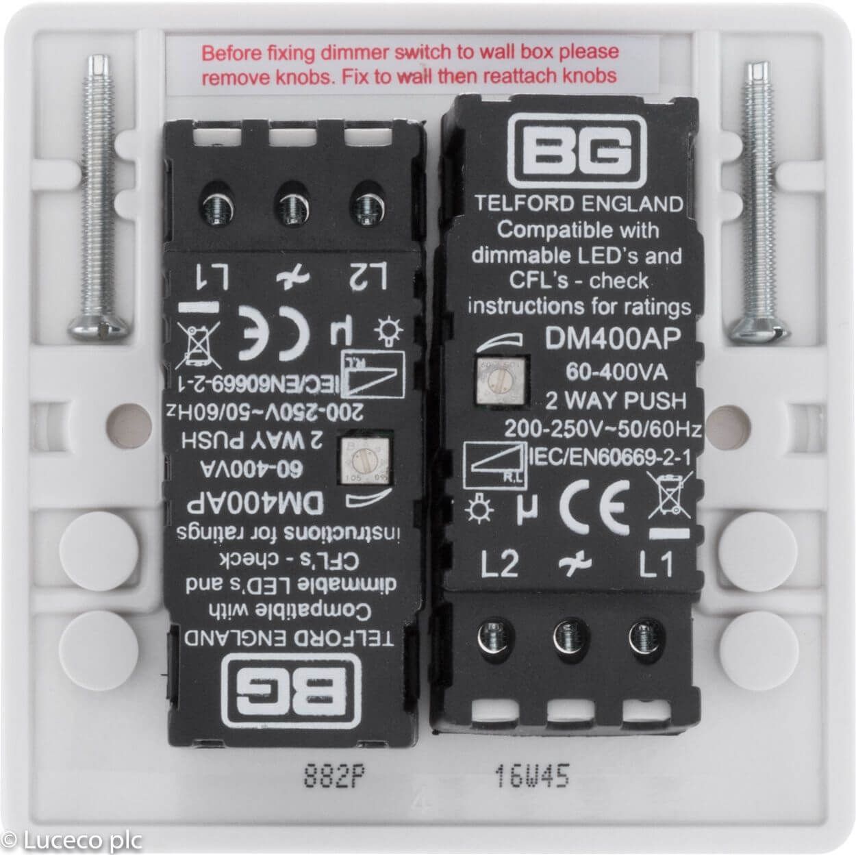 BG White Moulded Dimmer Switch - 400W 2 Gang 2 Way Push