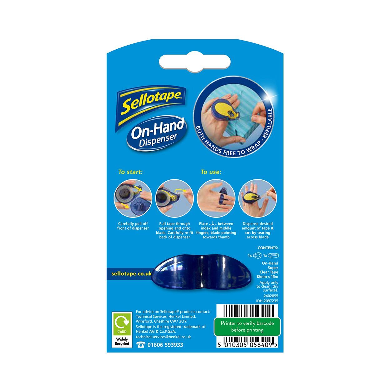 Sellotape Super Clear On-Hand Tape Dispenser & Roll 18mm x 15m