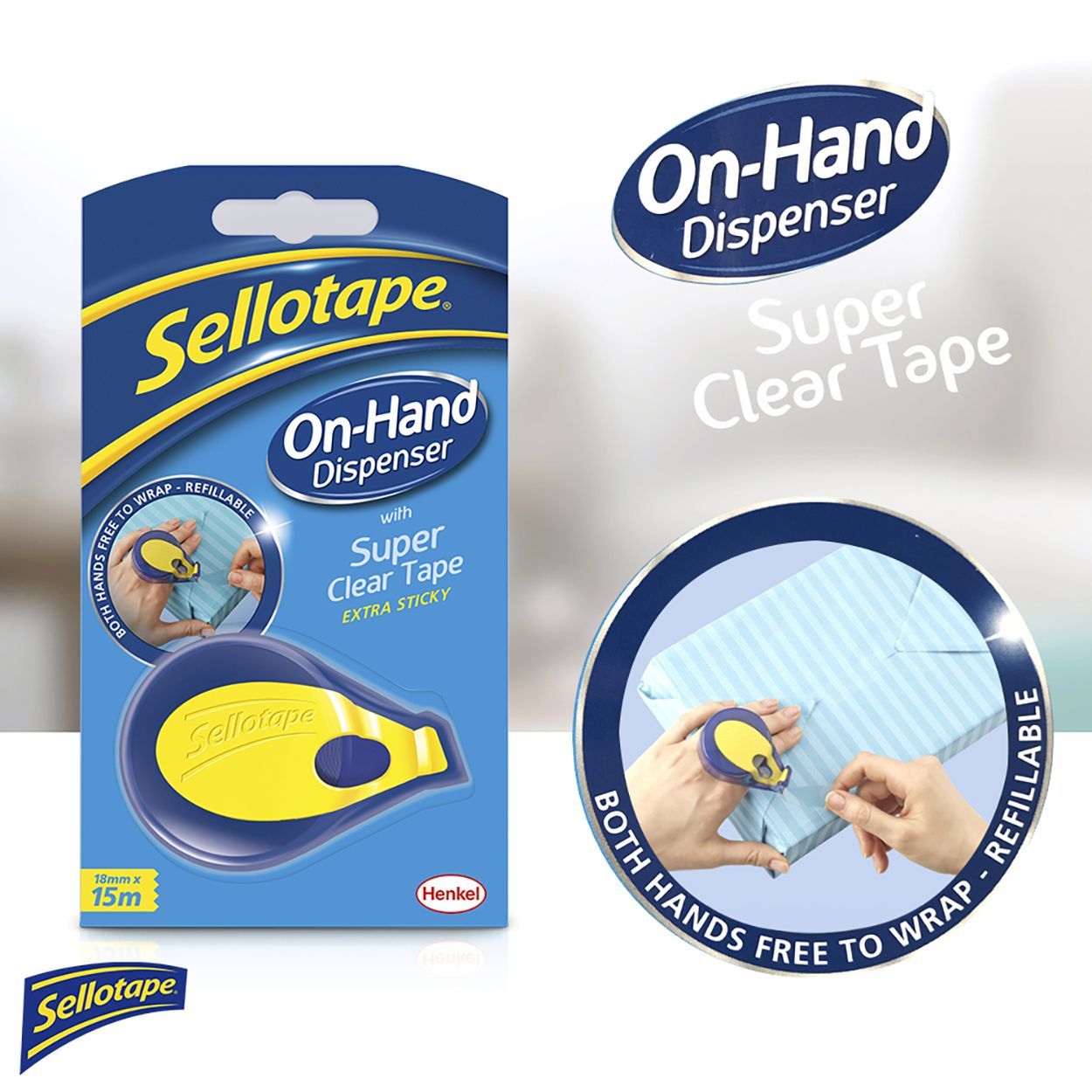 Sellotape Super Clear On-Hand Tape Dispenser & Roll 18mm x 15m