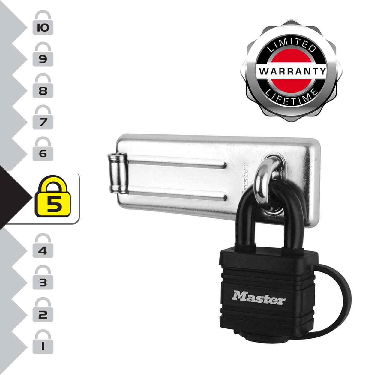 Master Lock Door Hasp and Black Keyed Padlock