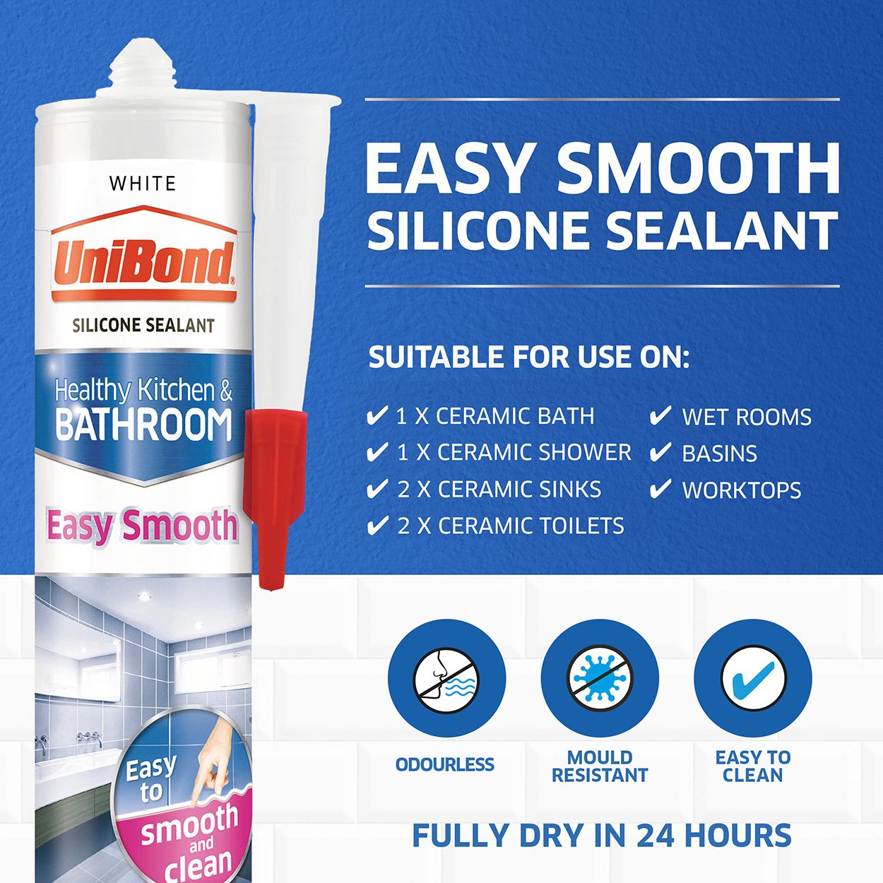 UniBond Easy Smooth Kitchen & Bathroom Sealant - White Cartridge 371g 