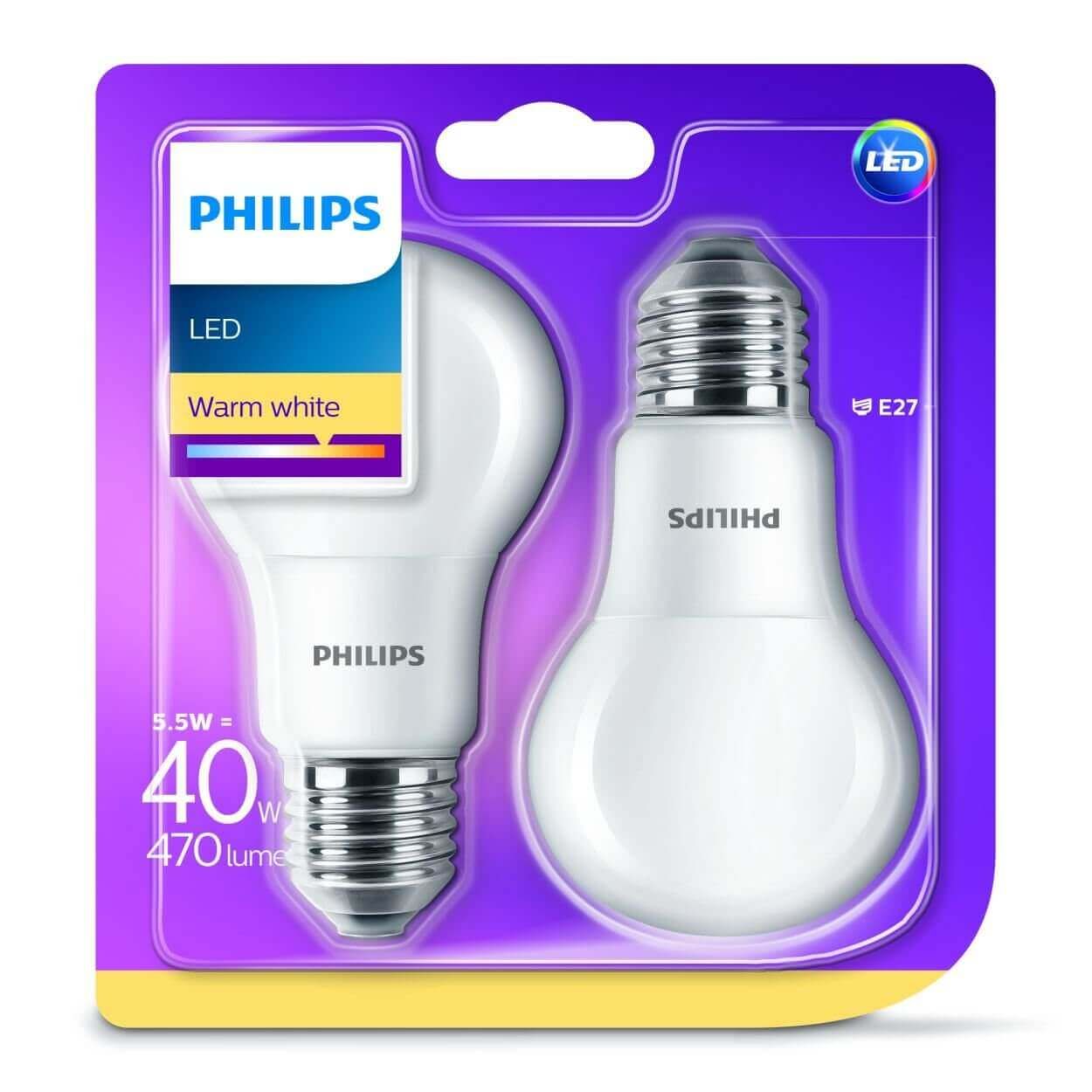 Philips LED A60 5.5W (40W) E27 Bulb Warm White Frosted 2PK