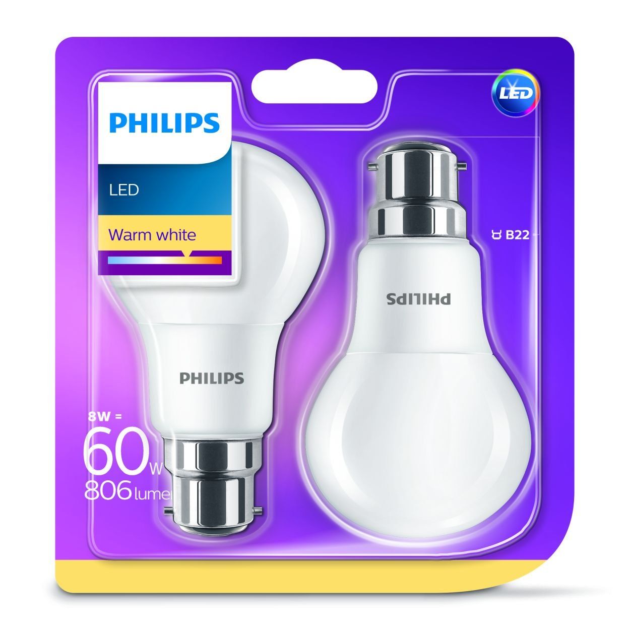 Philips LED A60 8W (60W) B22 Bulb Warm White Frosted Non Dimmable 2PK