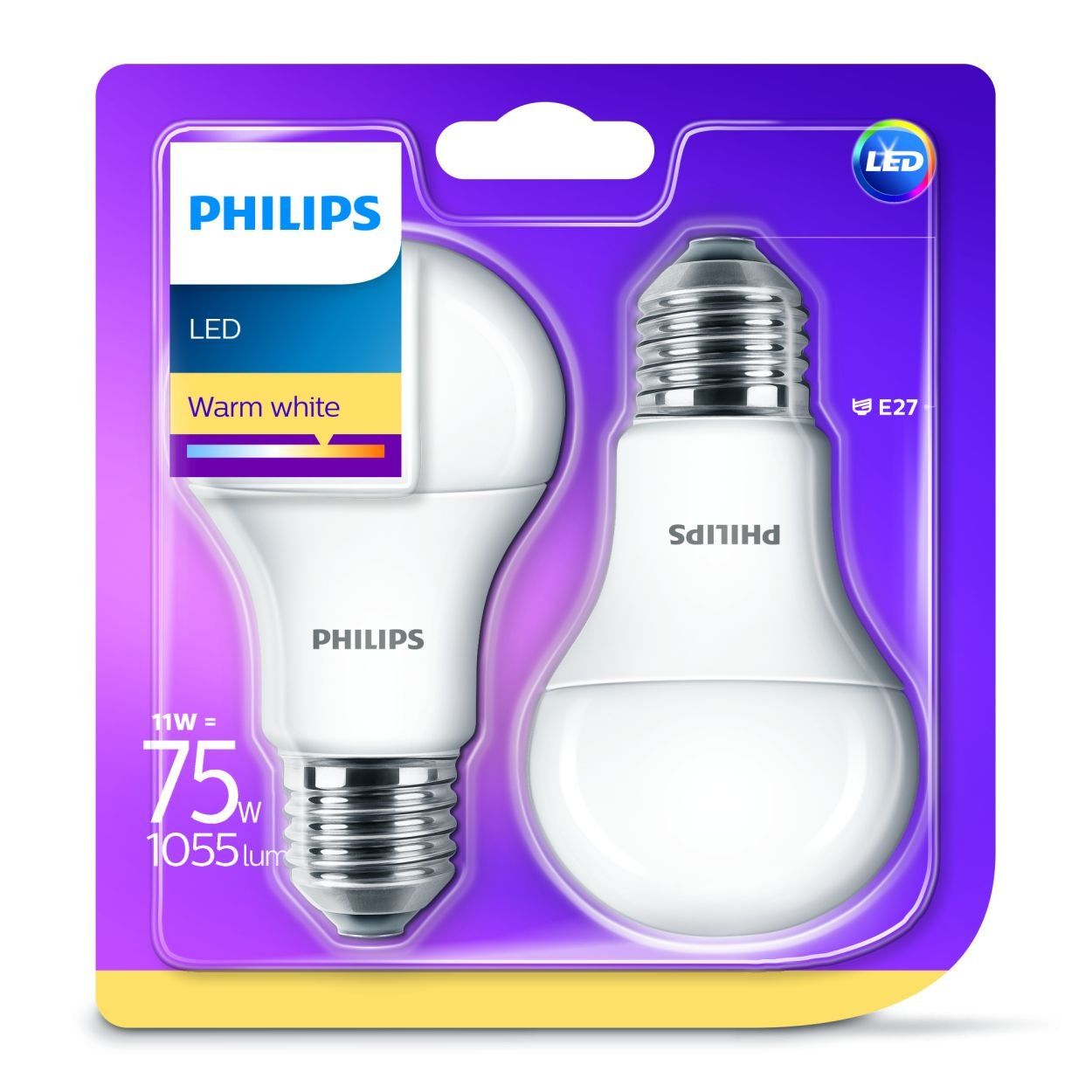 Philips LED A60 11W (75W) E27 Bulb Warm White Frosted Non Dimmable 2PK