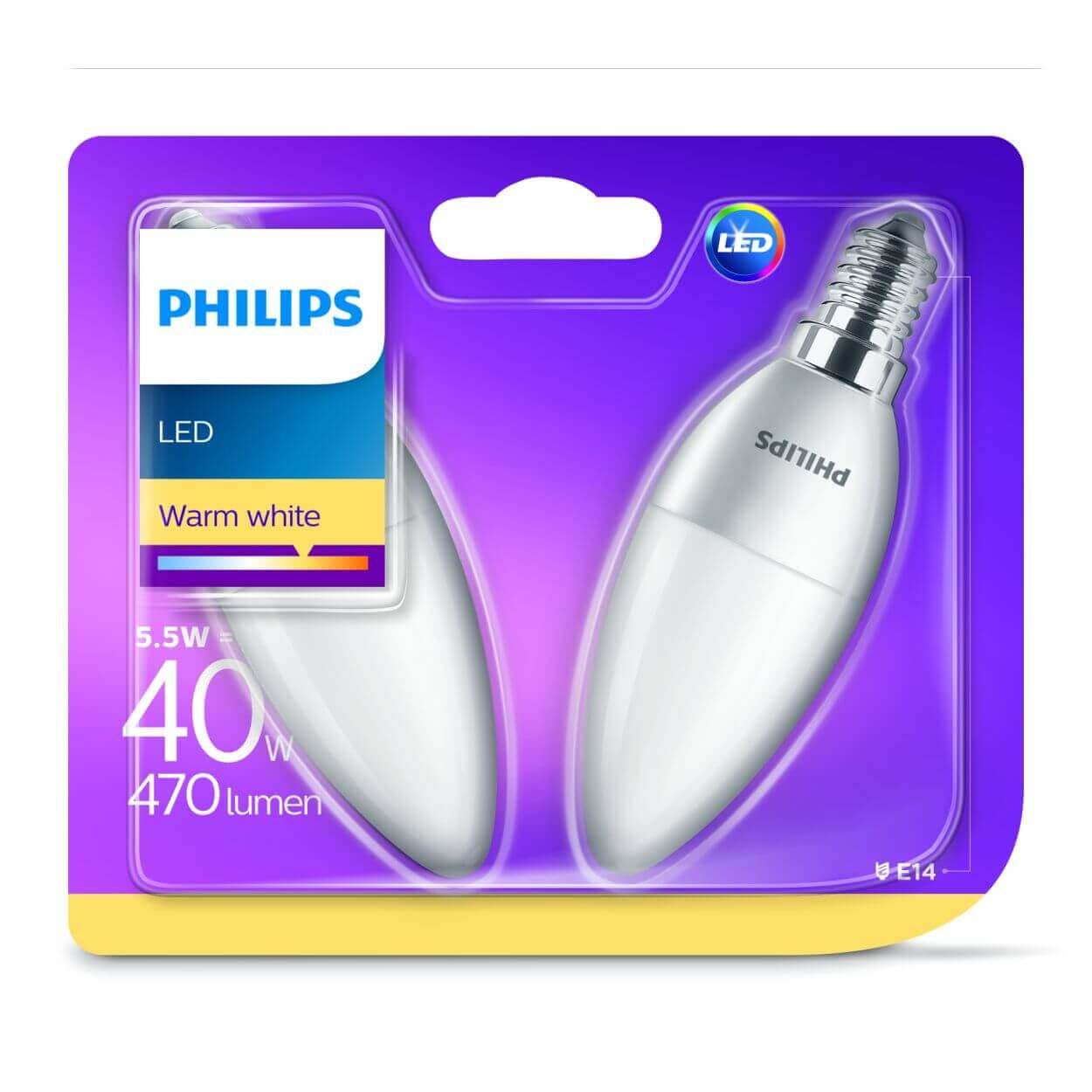 Philips LED B35 40W E14 Bulb Warm White Frosted 2PK
