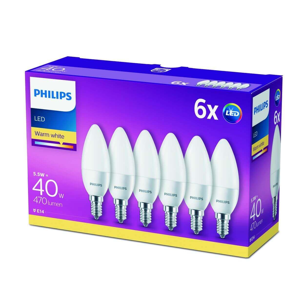 Philips LED B35 40W E14 Bulb Warm White Frosted 6PK