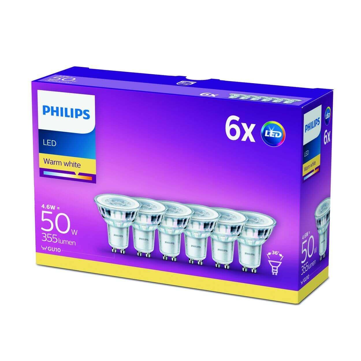 Philips LED 50W GU10 Spot Warm White 6 Pack