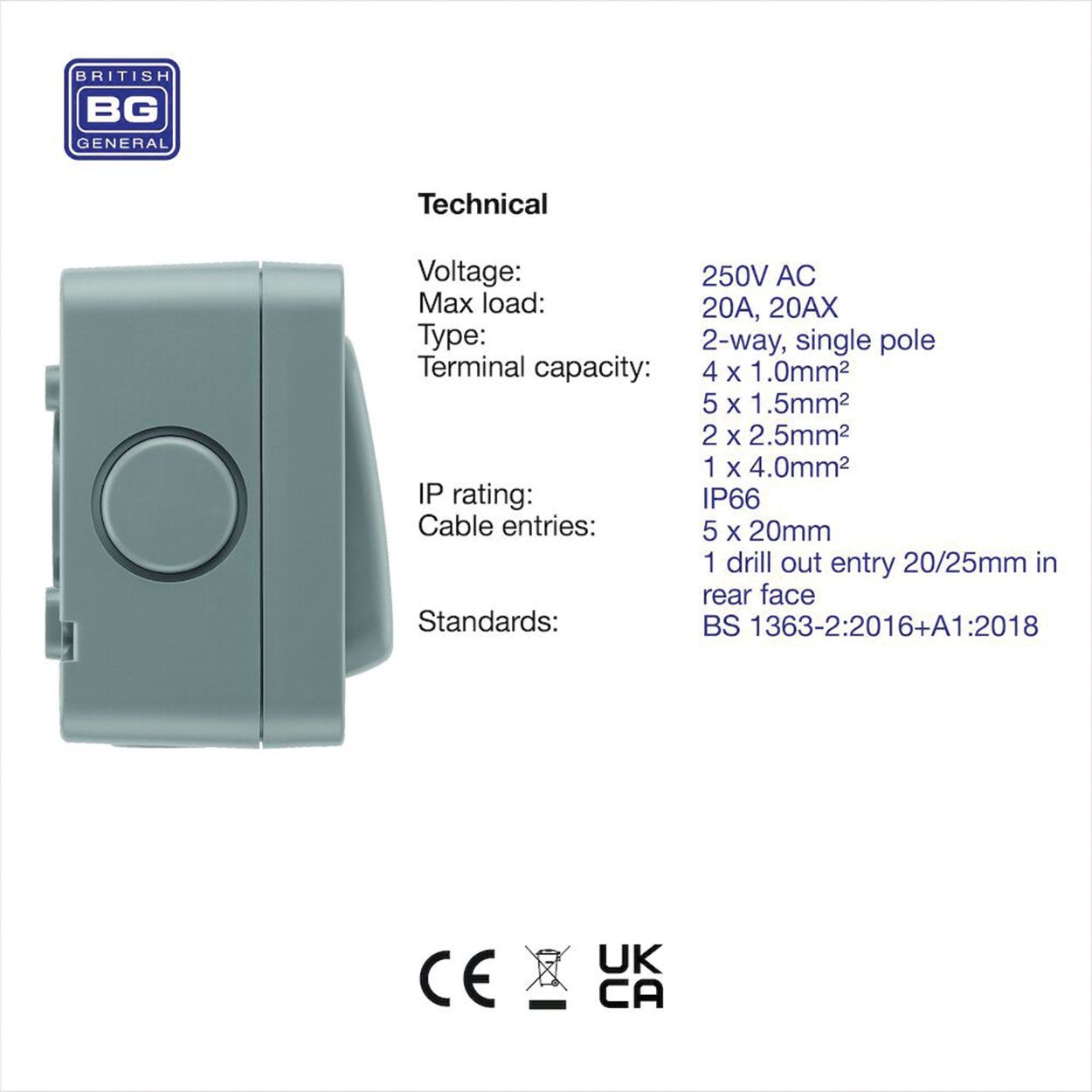 BG Weatherproof 20Ax 1 Gang 2 Way Switch