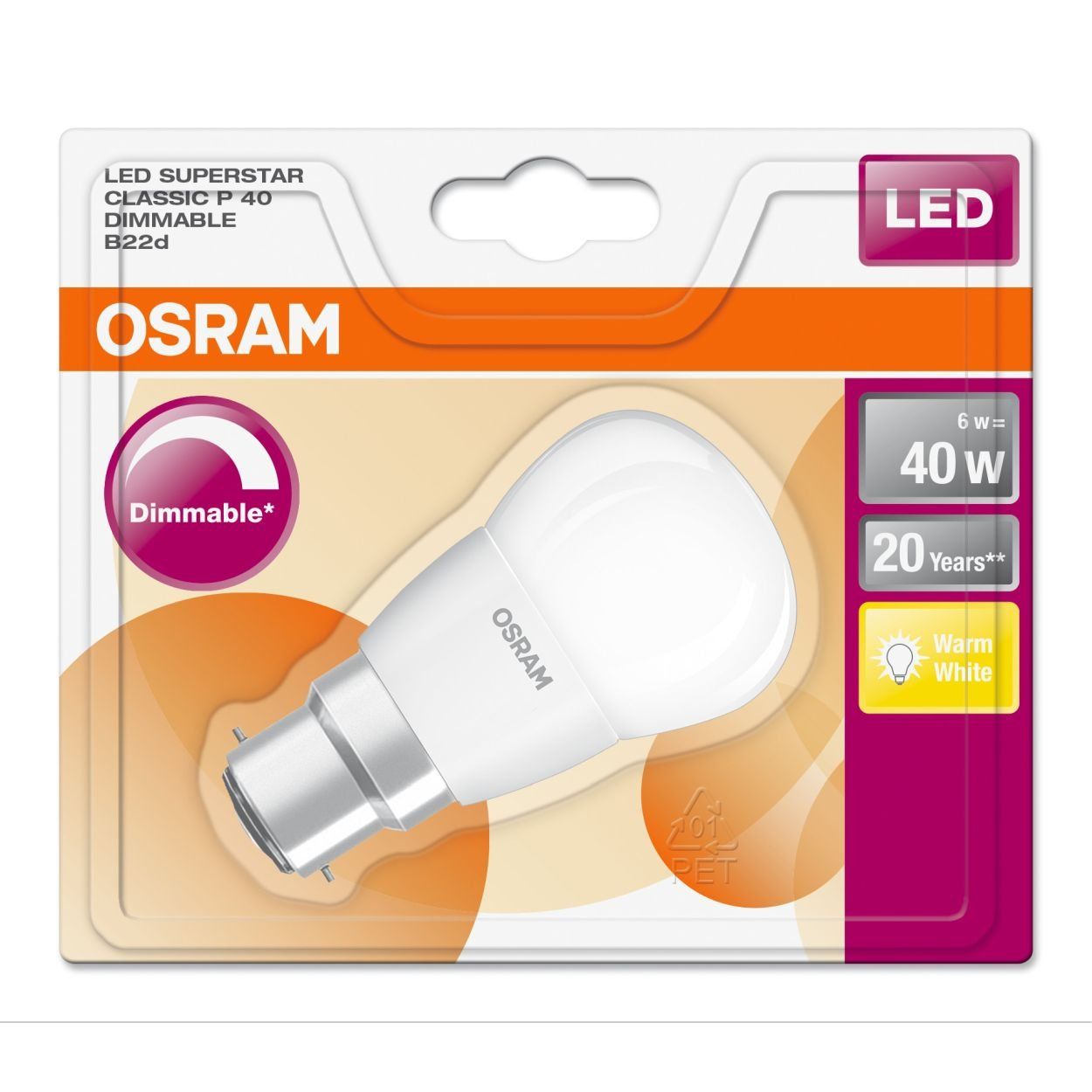 Osram 6W (40W) B22 Led G/Ball Frs Fil Dim