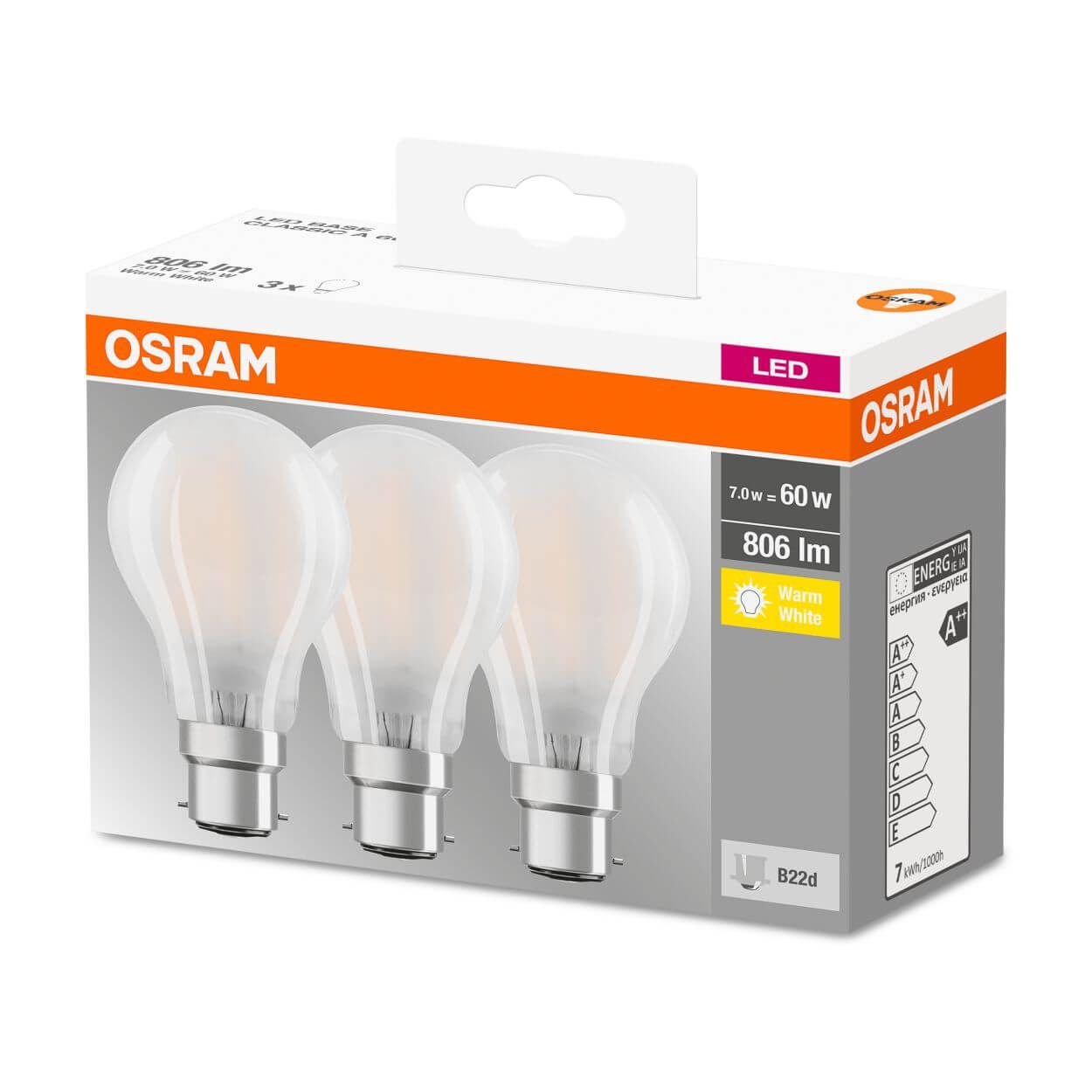 Osram 7w B22 LED GLS Frosted Filament Bulb - 3 Pack