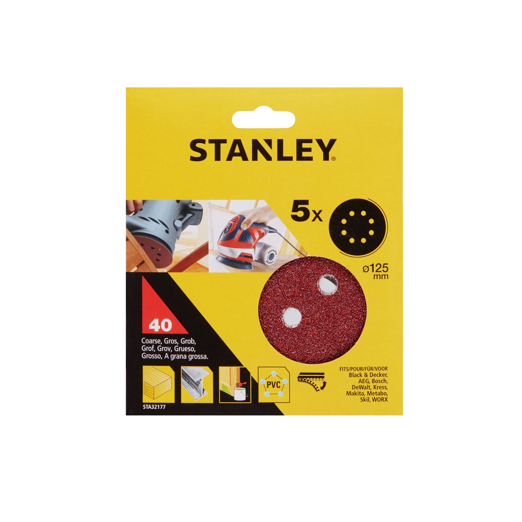 Stanley 125mm, 40G Random Orbit Sanding Disc - 5 Piece