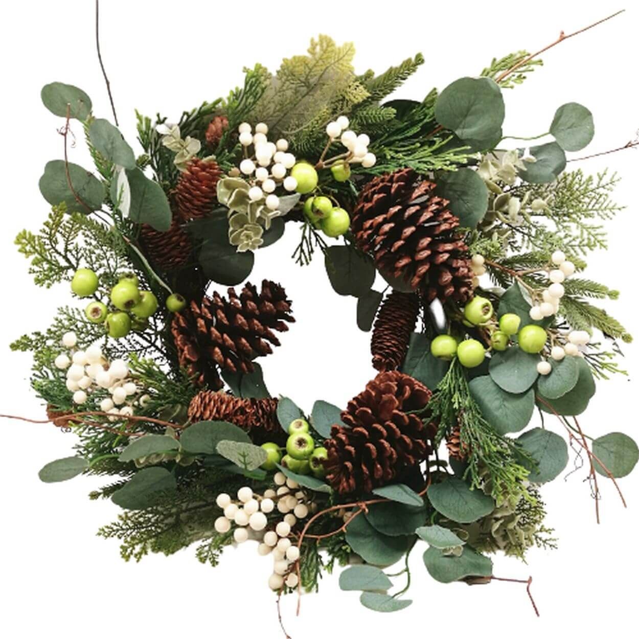 White Berry Wreath With Pinecones 55cm