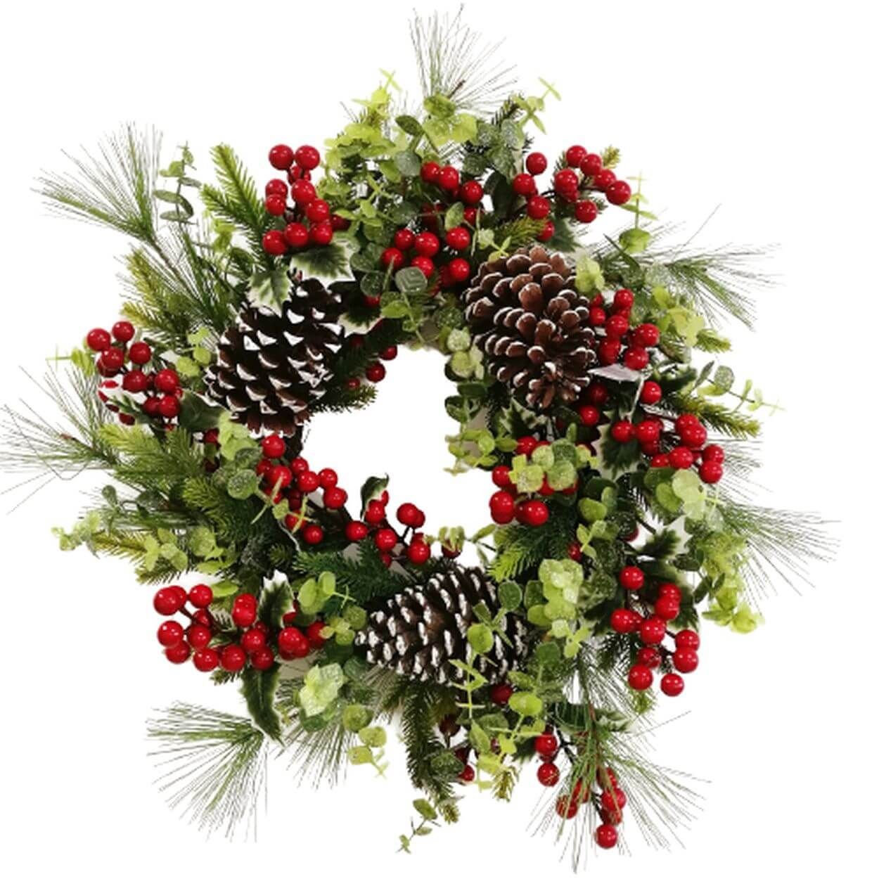 Red Berry Wreath With Pinecones 55cm