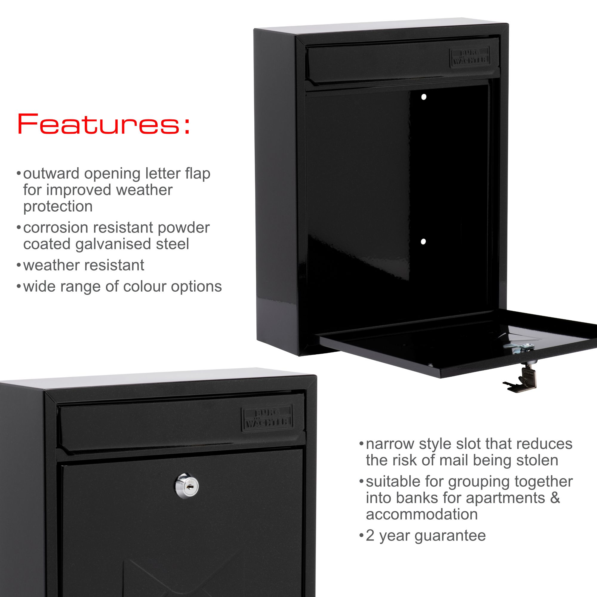 Burg Wachter Compact Galvanised Steel Black Post Box Mb05Bk