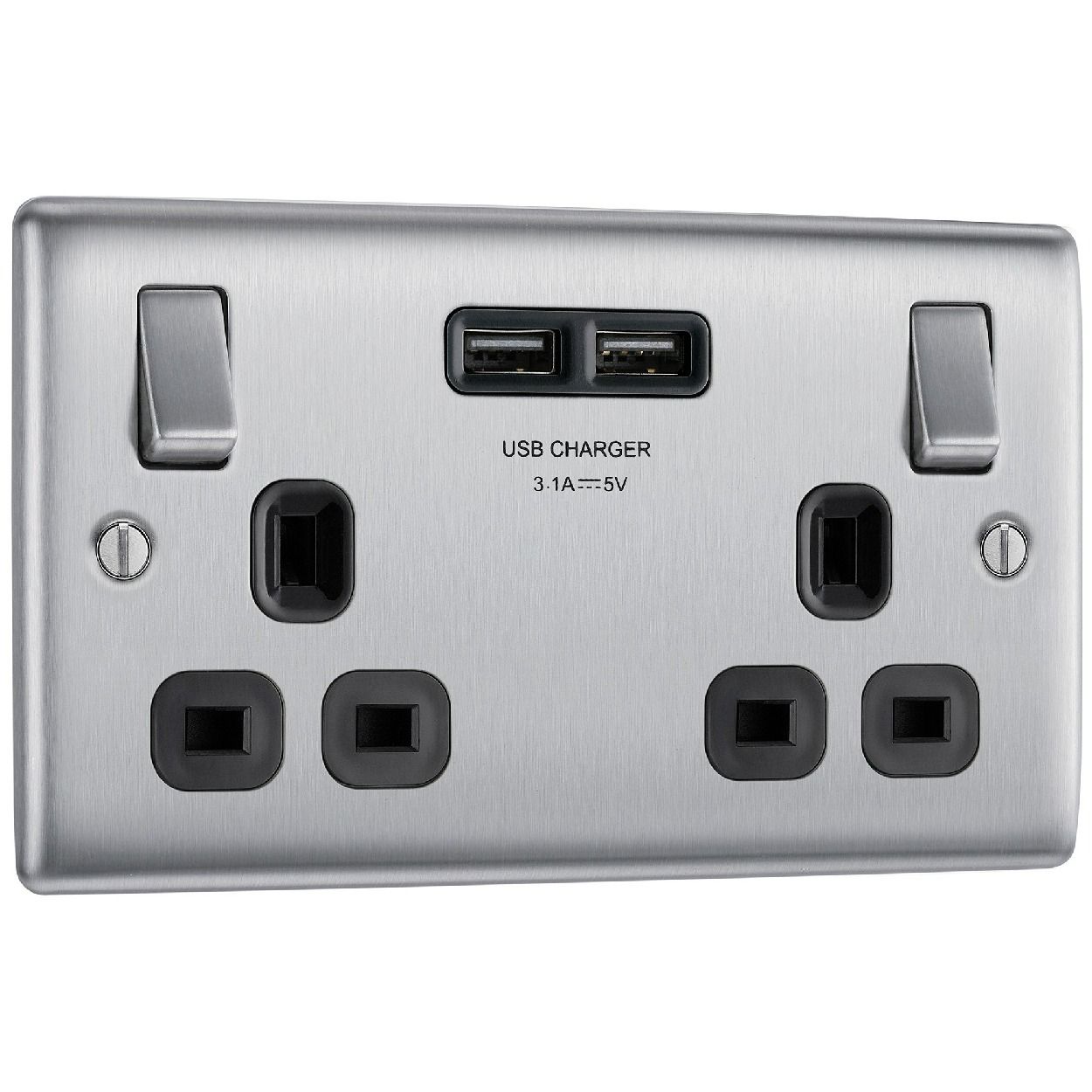 BG Nexus Brushed Steel 13A Double Switched Socket with 2 x USB A