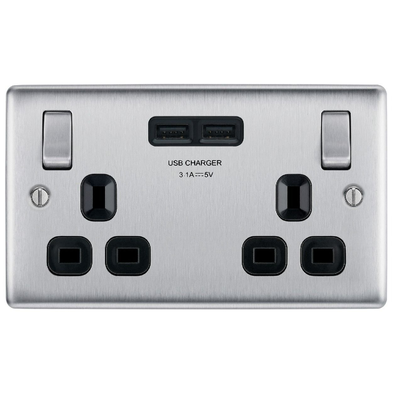 BG Nexus Brushed Steel 13A Double Switched Socket with 2 x USB A