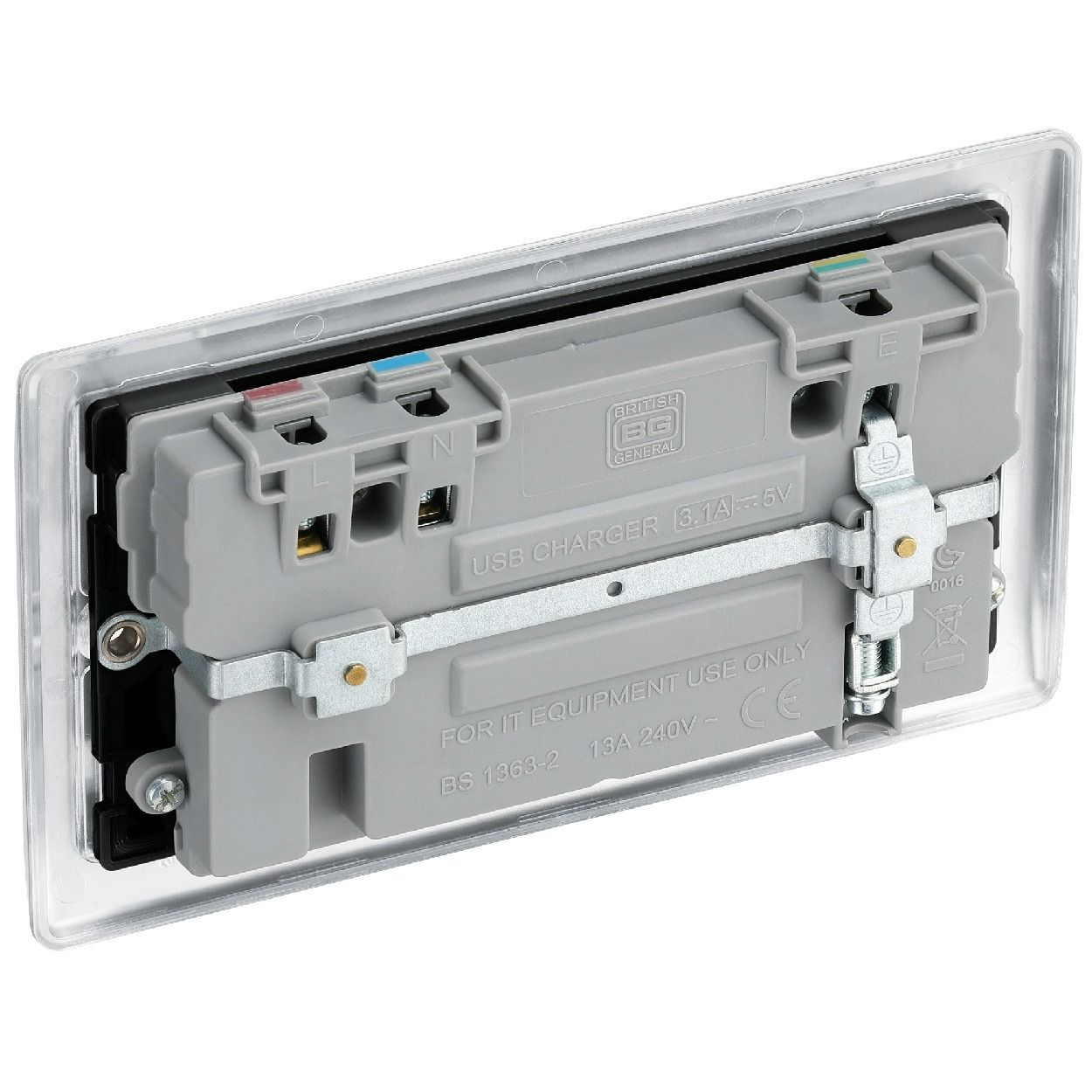 BG Nexus Brushed Steel 13A Double Switched Socket with 2 x USB A