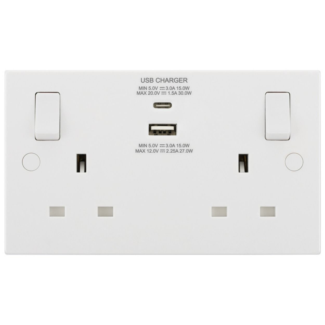 BG Square Edge 13A Double Switched Socket with USB A + C