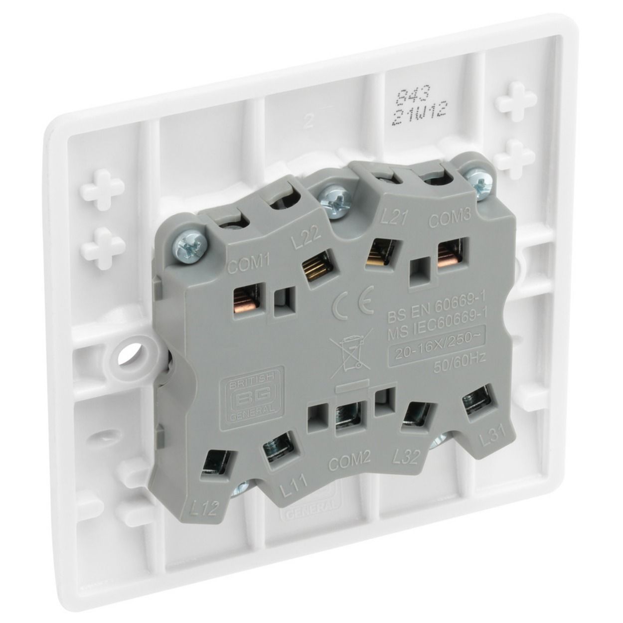 BG White Moulded 20A Triple Switch, 2 Way