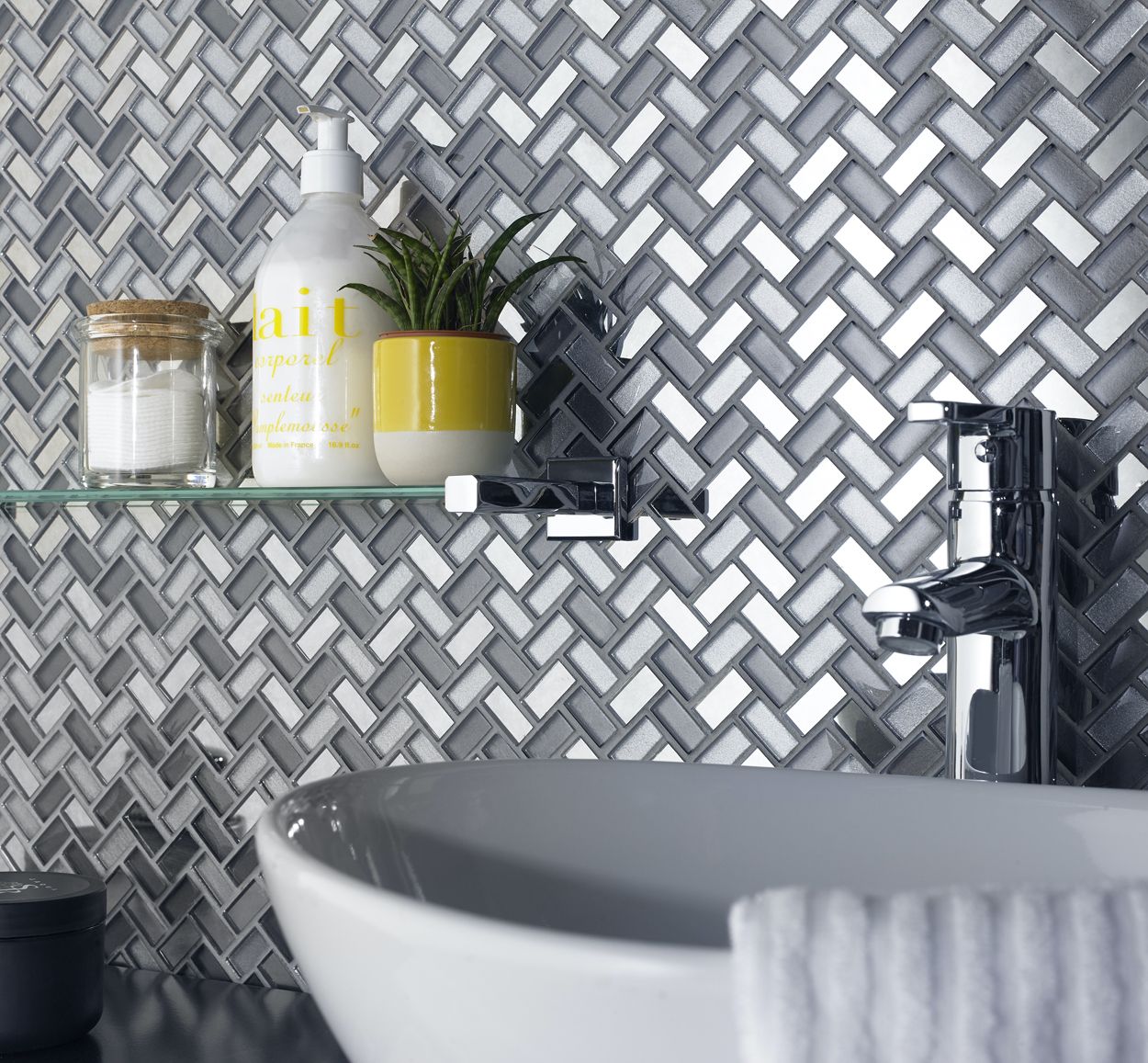 Dusk Grey Herringbone Glass & Mirror Mosaic