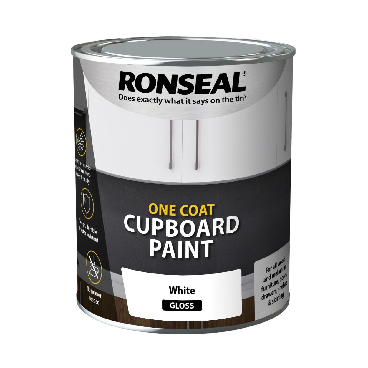 Ronseal One Coat Cupboard Paint White Satin 750Ml