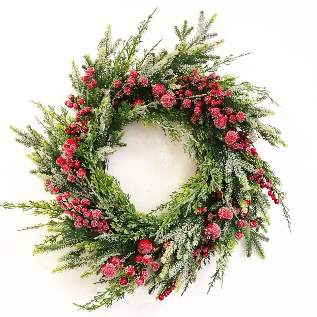 Frosted Wreath With Red Berries 60Cm