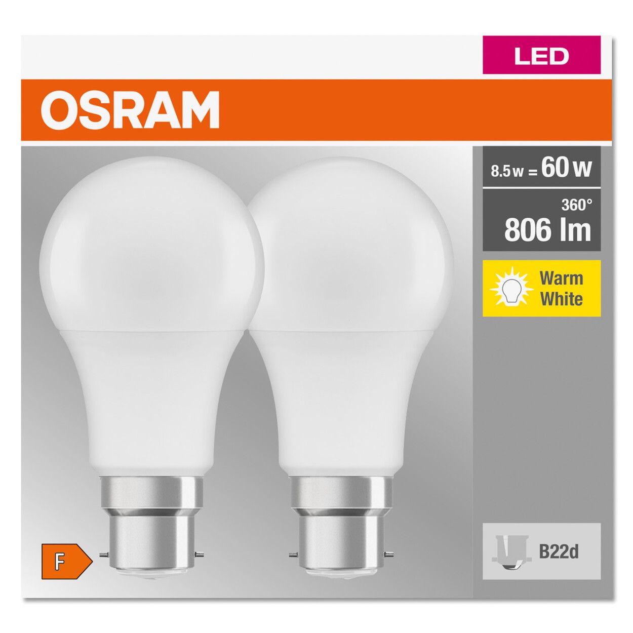Osram Led Base A60 Fr 8.5 W/2700K B22D 2Pack