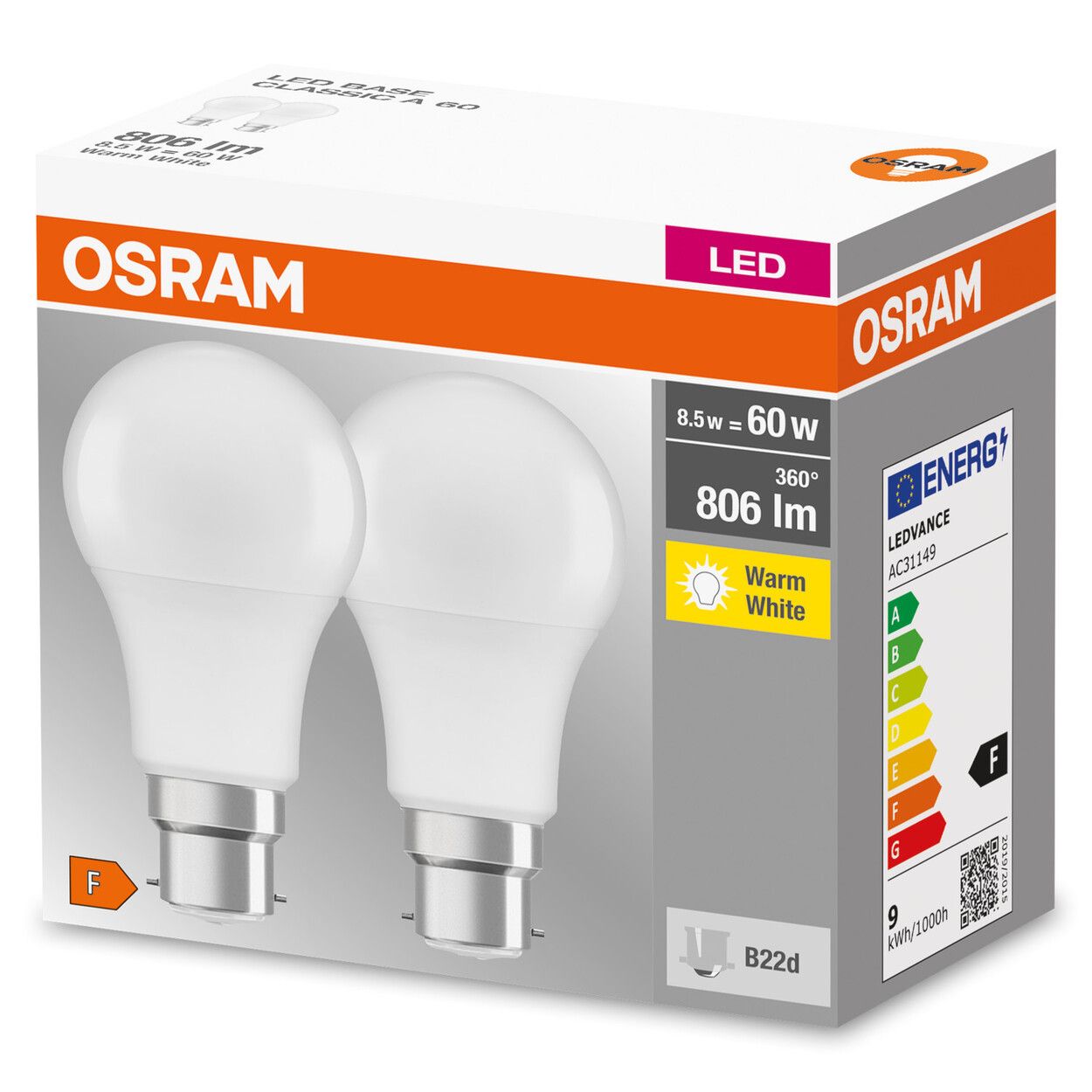 Osram Led Base A60 Fr 8.5 W/2700K B22D 2Pack