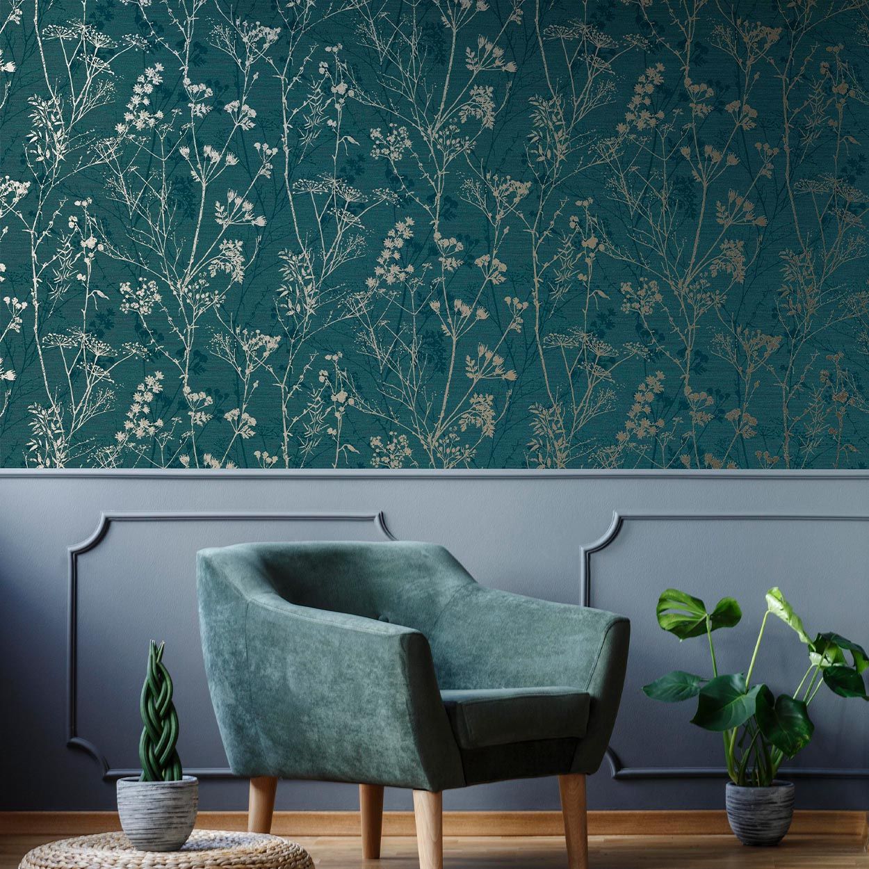 Hedgerow Teal Wallpaper