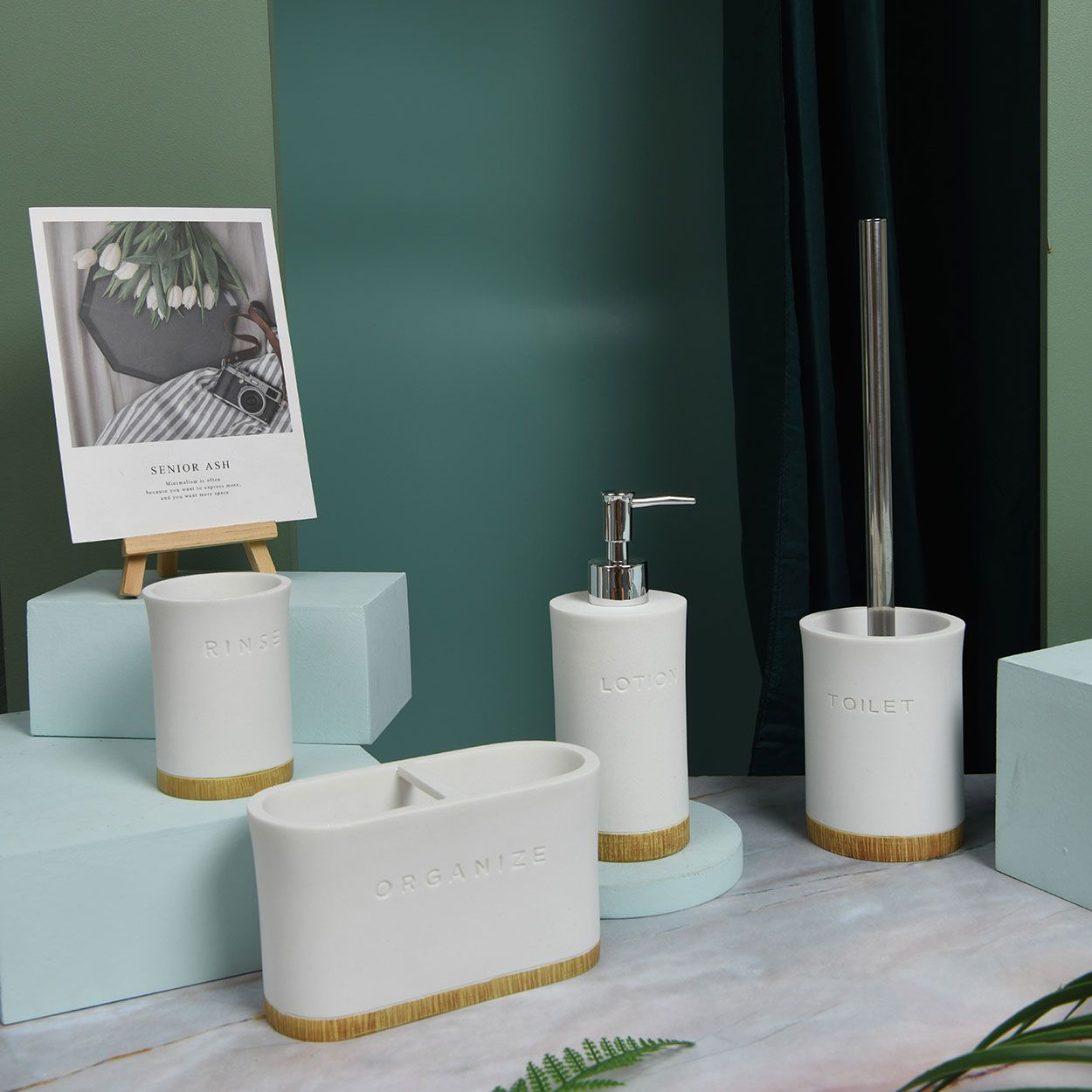 Toothbrush Holder White with Oak Tone Base