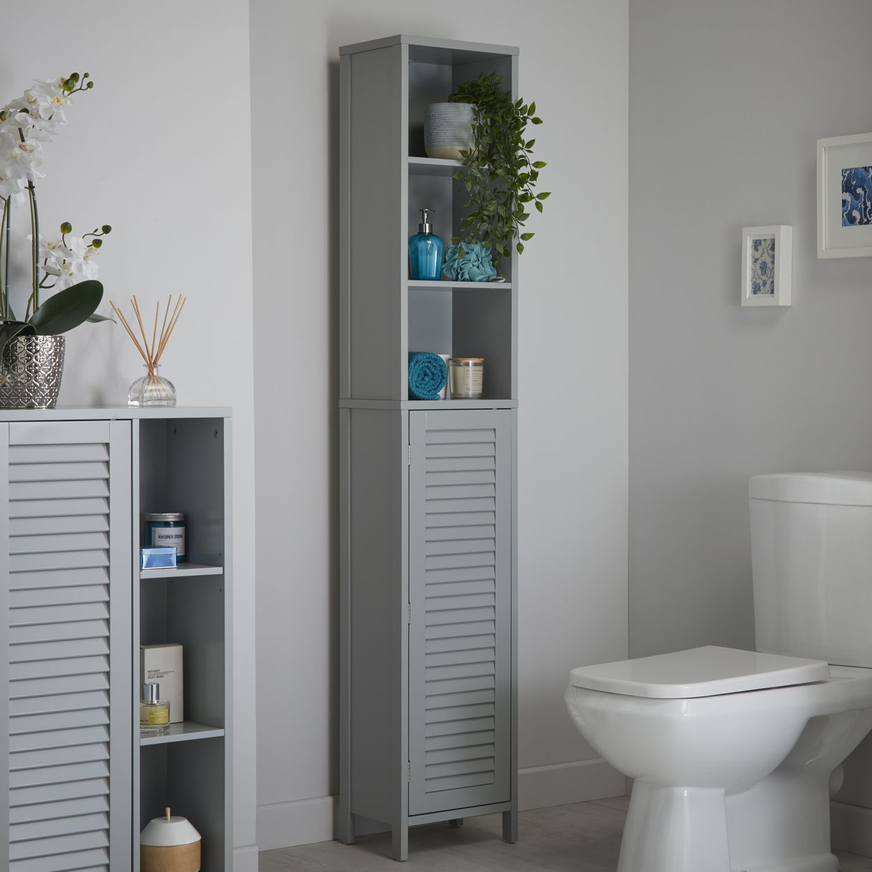 Eddie Louvre Tallboy Cabinet Grey