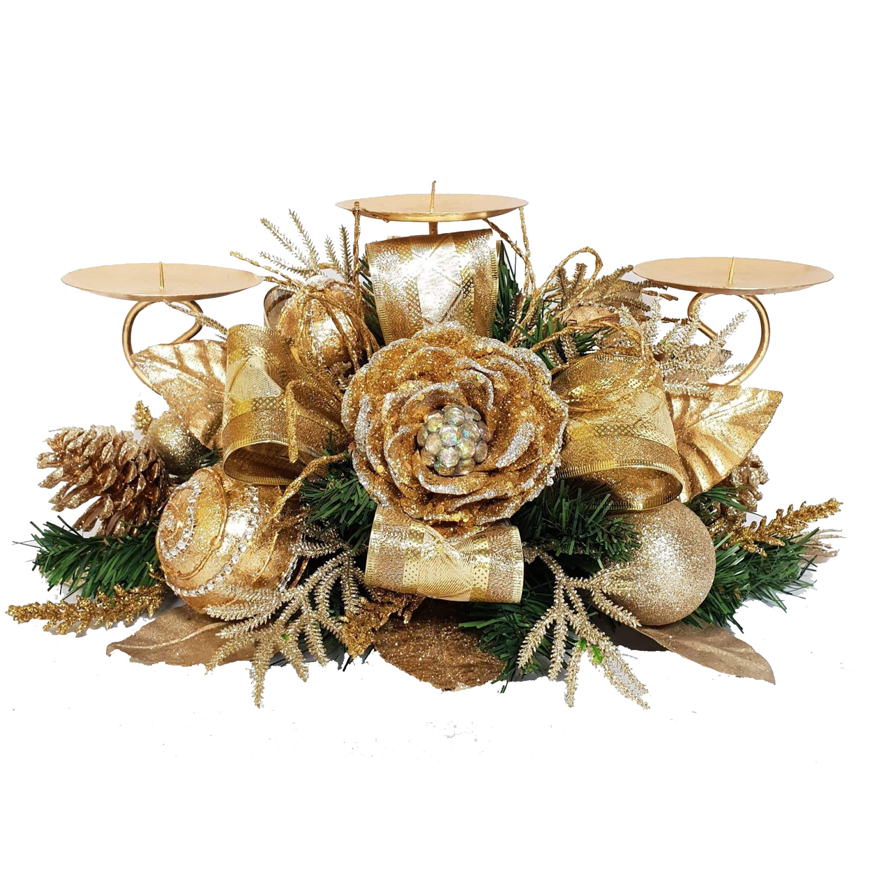 Gold 3 Way Candleholder With Rose