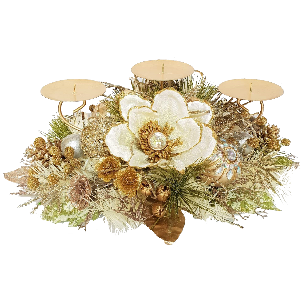 Gold 3 Way Candleholder With Poinsettia