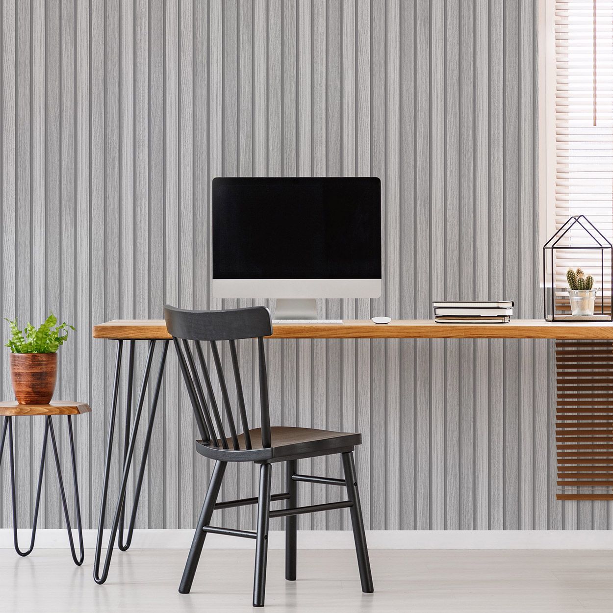 Wooden Slats Grey Wallpaper