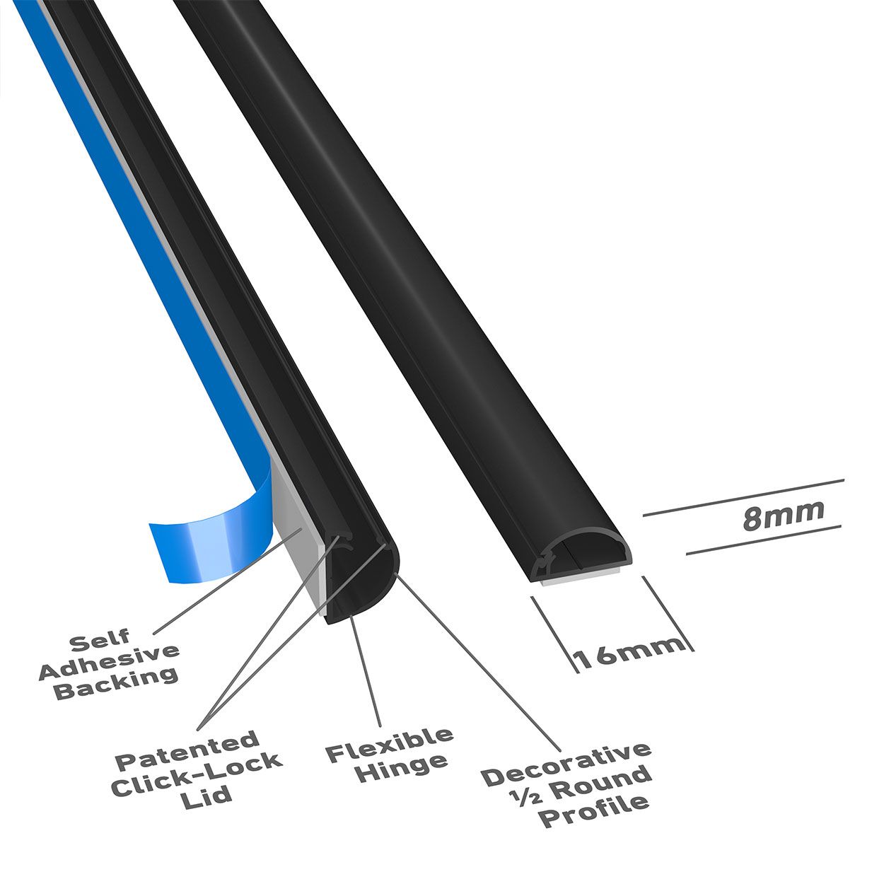 D-Line 2M Length Trunking 16X08 Half Round - Black