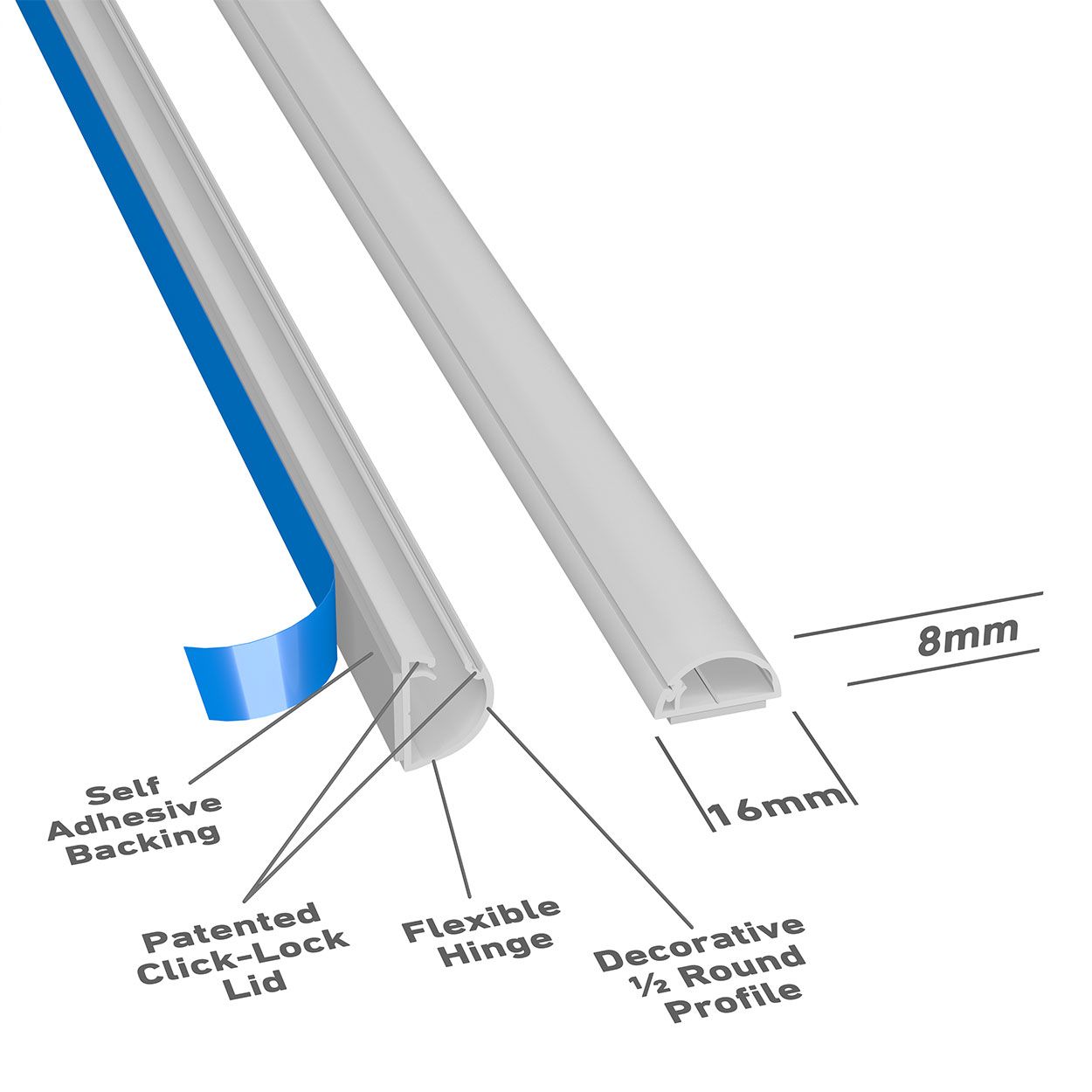 D-Line 2M Length Trunking 16X08 Half Round - White