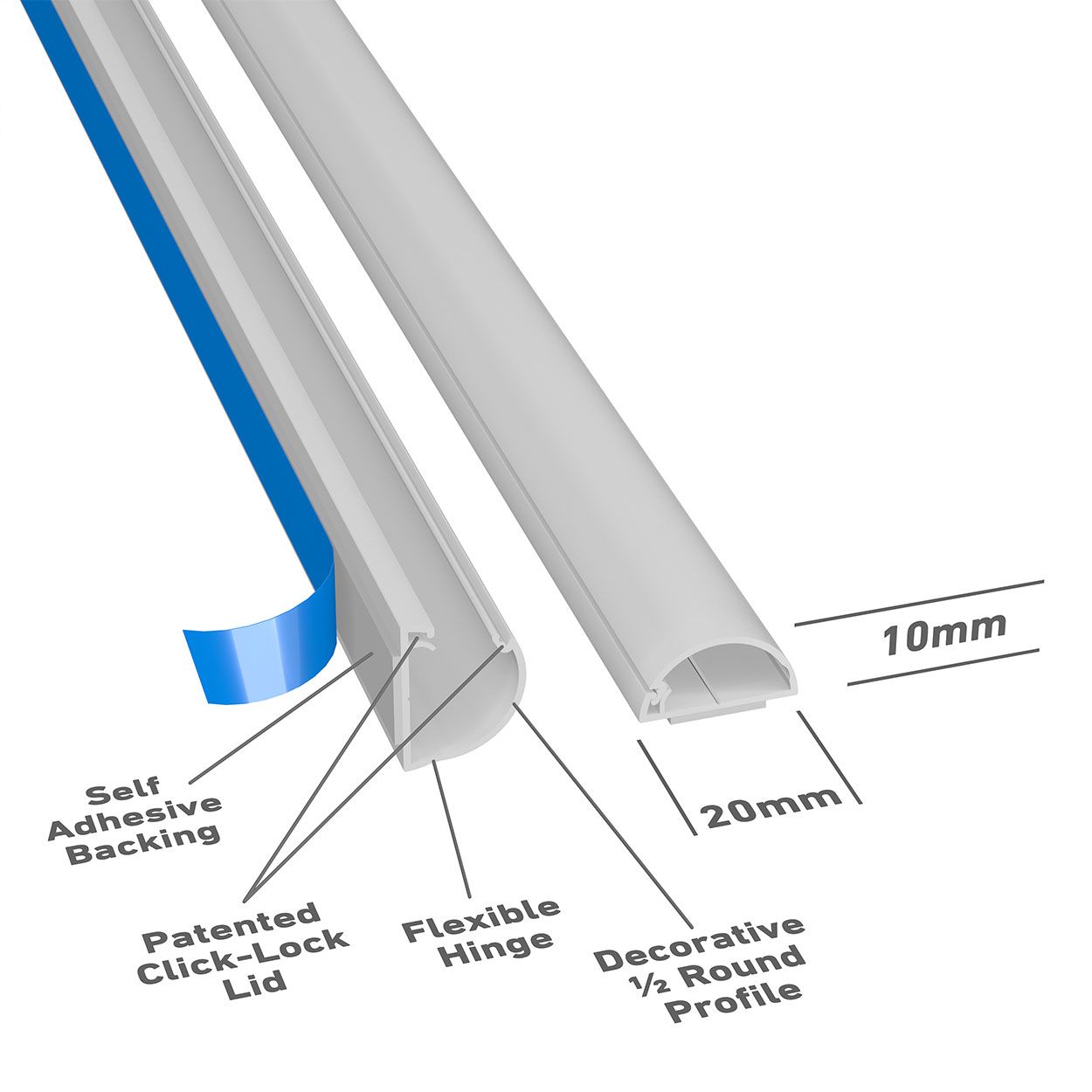 D-Line 2M Length Trunking 20X10 Half Round - White