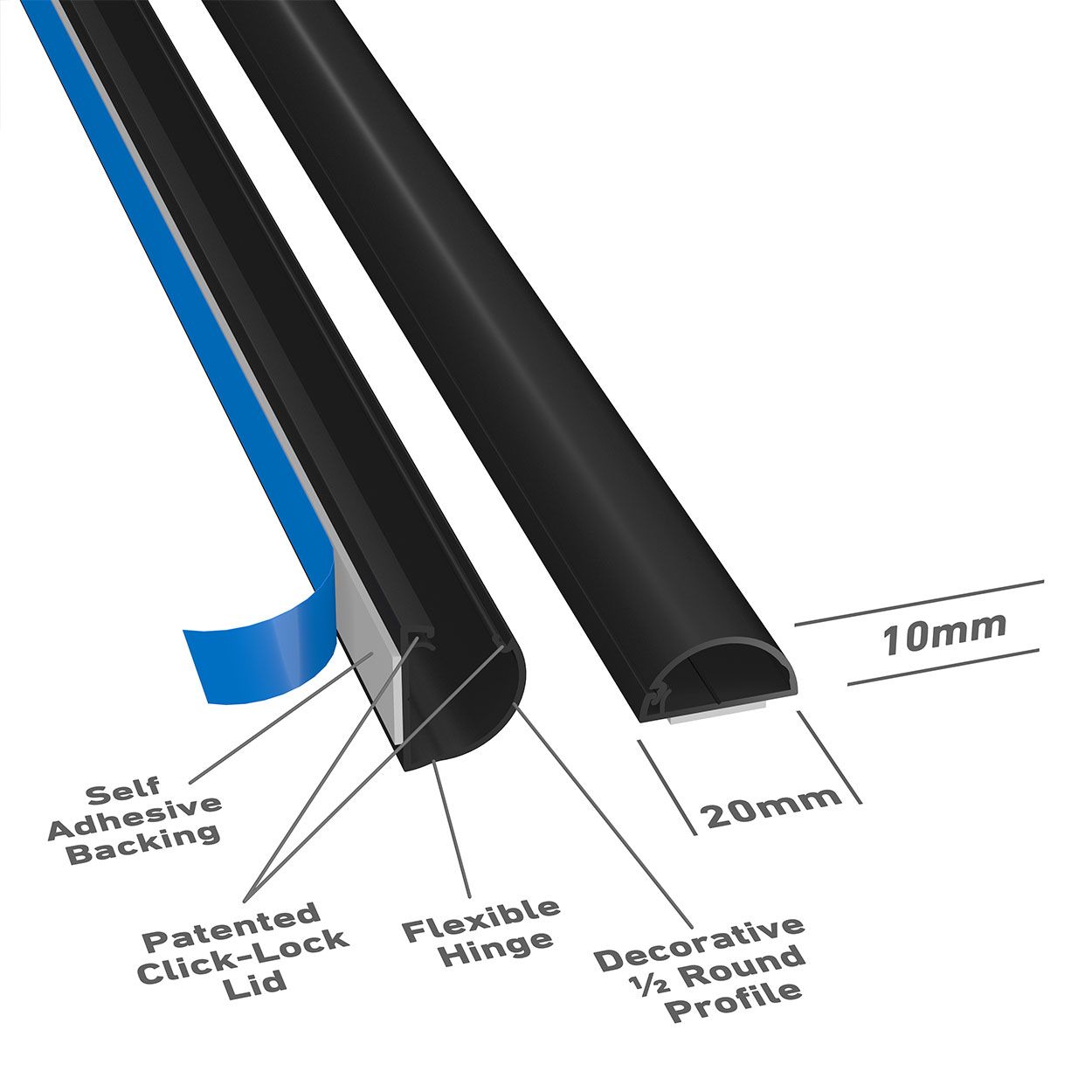 D-Line 2M Length Trunking 20X10 Half Round - Black