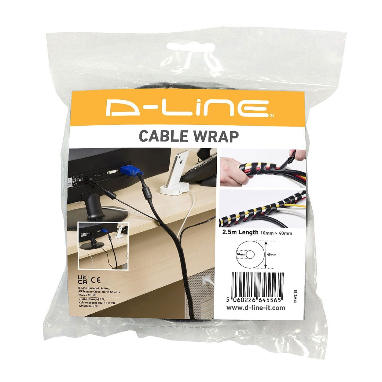 D-Line Cable Tidy Wrap, Black - 2.5M, 10-40Mm Dia.